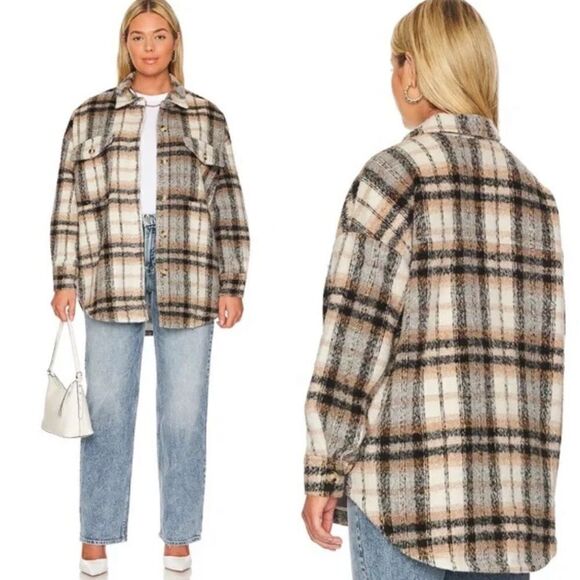 NEW GOOD AMERICAN Oversized Neutral Plaid Shacket Size 5/6 (2X/3X) - Picture 2 of 7